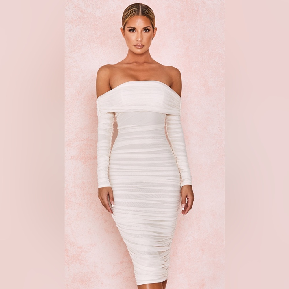 House of CB Anais Ivory Tulle Off Shoulder Ruched Dress